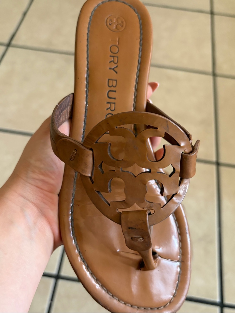Tory Burch Tan Leather Miller Logo Sandals - Picture 3 of 3